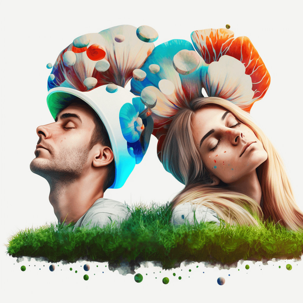 "A couple sitting in a peaceful, meditative posture with their eyes closed, surrounded by nature. In the foreground, a magic mushroom can be seen, symbolizing the mellow path of exploration and self-discovery."